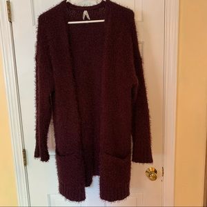 Dark purple/plum fuzzy long cardigan sweater by Mudd.